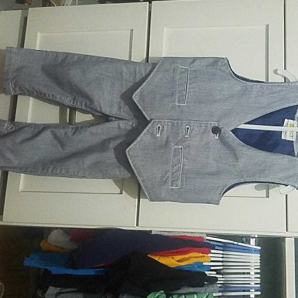 blue and white pinstriped boys vest and pants